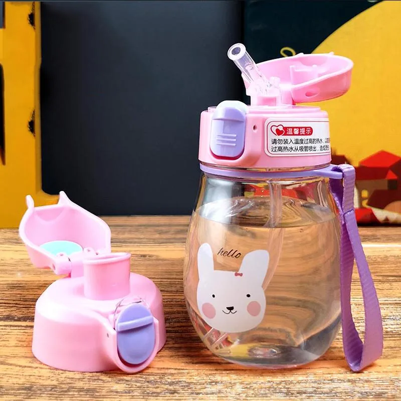 Pink 350 мл детская бутылка для кормления ребенка, чашка с милым мультяшным принтом, Тритан+ безопасная ПП, Милая Детская кружка для воды с 2 крышками - Цвет: Pink