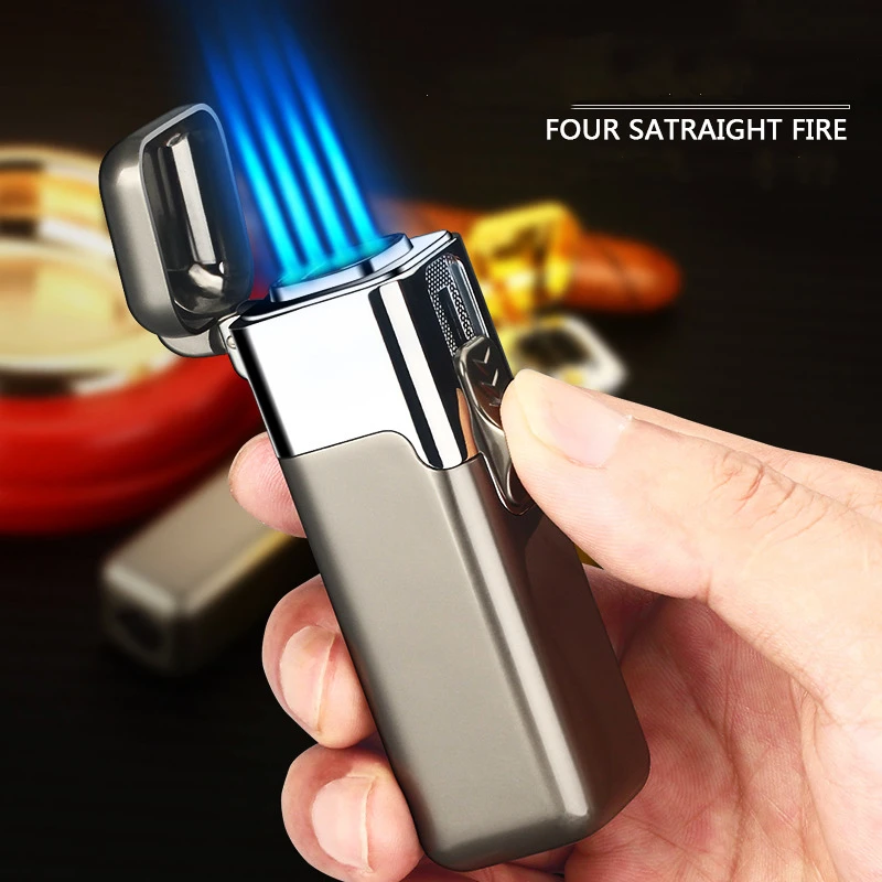 New Windproof Four Nozzles Cigar Gas Lighters Jet Metal Torch Turbo