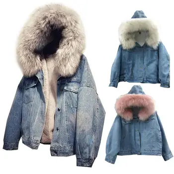 

Fall and Winter New Korean Hat Cotton Jacket Thickened Faux Fur Short Jean Jacket Fashion Large Bristle Collar Cotton Jacket 30E