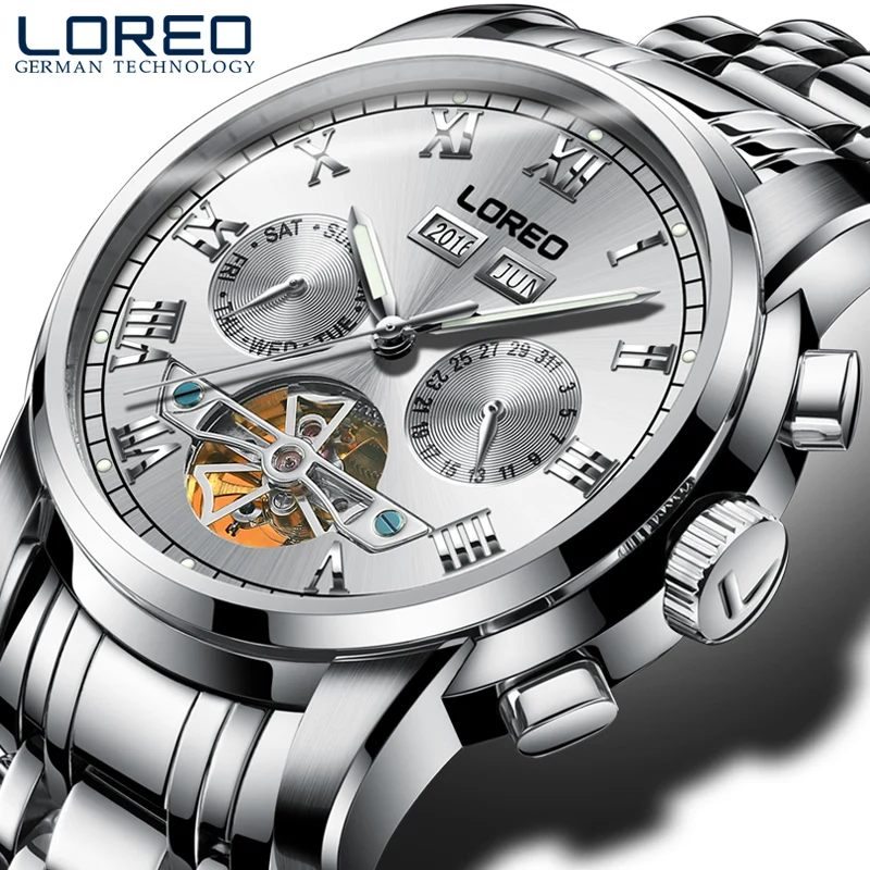 Perpetual calendar автоматические часы Tourbillon люксовый бренд LOREO 50 м водонепроницаемые механические часы для мужчин сапфир светящийся неделя Дата - Цвет: Silver White