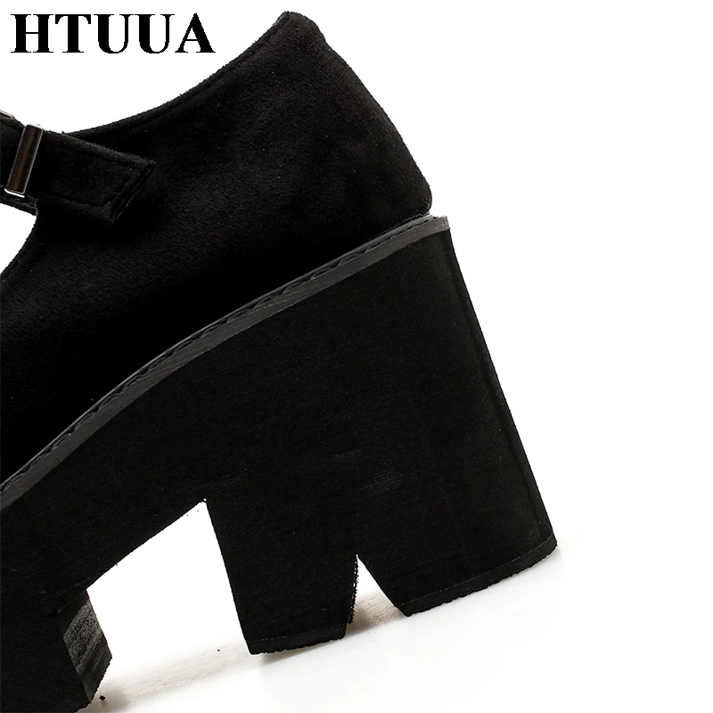 HTUUA/Новая Осенняя обувь на толстой платформе женские туфли-лодочки повседневная обувь на высоком каблуке с пряжкой черная обувь с круглым носком; SX1528
