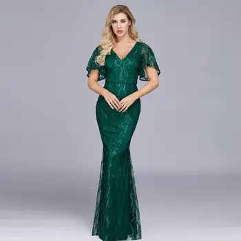 

Empire Trumpet Long Evening Party Dress Elegant Lady Tulle Butterfly Sleeve V-neck Vestidos De Festa Sexy Slim Robe De Soiree
