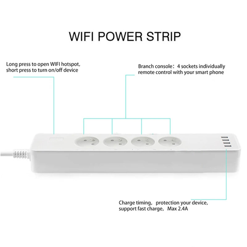 Мощность Полосы WiFi Smart Plug 4 ЕС Франция стандартный AC Розетка, пульт дистанционного управления розетка с 1,8 м удлинитель независимый переключатель