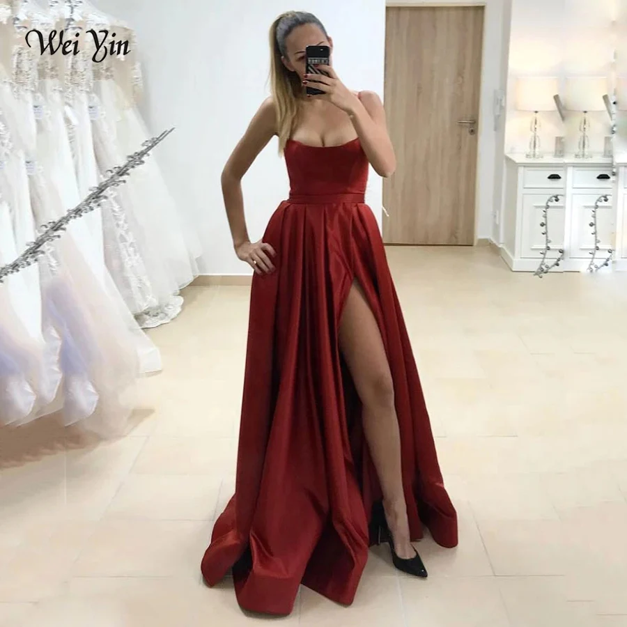 

Weiyin AE0600 Prom Dresses with High Slit Satin Burgundy Vestidos De Gala Evening Party Dresses Prom Gown Robe De Soiree