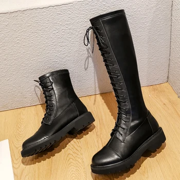 

Prova Perfetto 2020 Newest Black Leather Knee-High Boots Women Round Toe Lace Up Knight Boots Lady Runway Booties