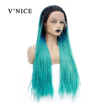 V'NICE Ombre зеленый Плетеный парик для черных женщин 3*13 Швейцарский Кружевной синтетический кружевной передний парик афро-американская коса искусственные волосы