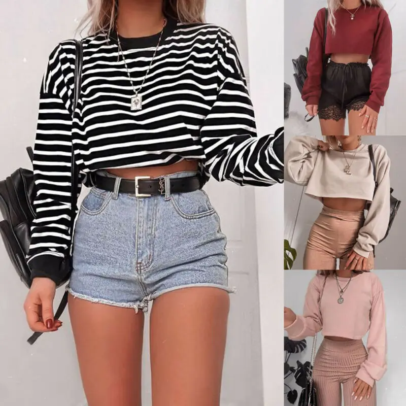 Women Hoodie Crop Top Long Sleeve Striped Sweatshirt Cropped Jumper Sweater Casual Pullover | Женская одежда
