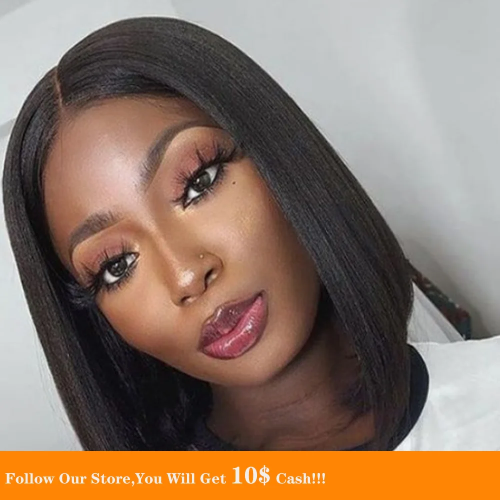 

Bob Black 13X4 Lace Front Short Human Hair Wig Bangs Silky Pre plucked Brazilian Straight Natural Hair Small Cap Size For Women