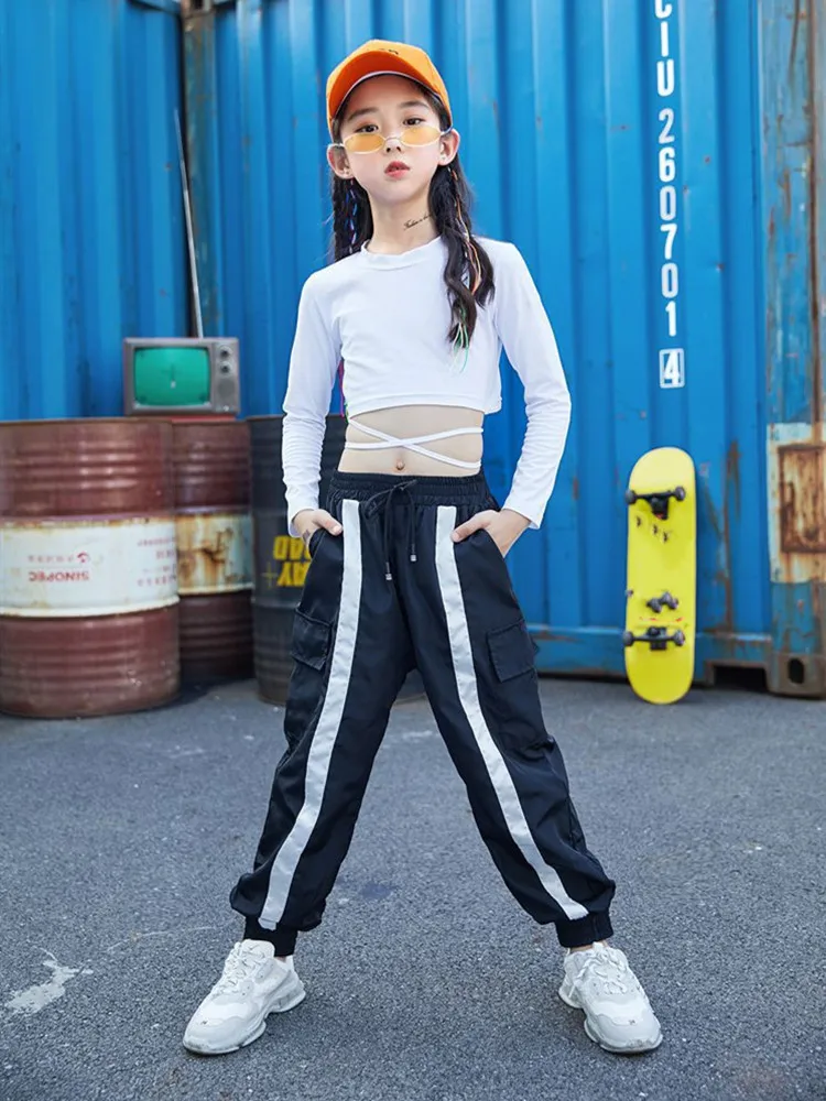 Kid Cool Hip Hop Clothing White Sweatshirt Shirt Top Crop Causal Pants for Girl Jazz Ballroom Dance Costume Clothes Wear 4-16T (2)