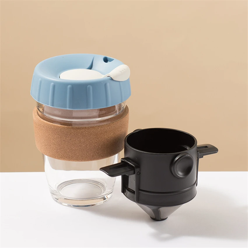 Стеклянная кофейная чашка, набор фильтров из нержавеющей стали, комбинация ручного дозатора для кофе, ручная работа для разработки портативной чашки, подарочная коробка - Цвет: blue