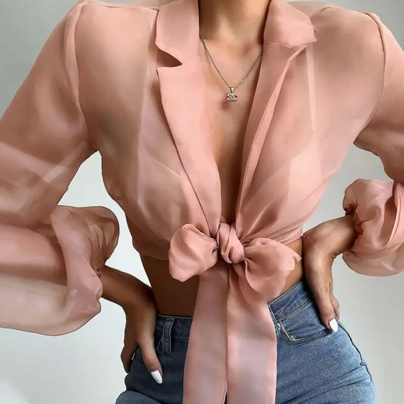 

Chiffon Blouses Women 2019 Autumn Fashion Transparent Mesh Beading Long Sleeve Deep V-Neck Shirt Office Casual Tops Female blusa