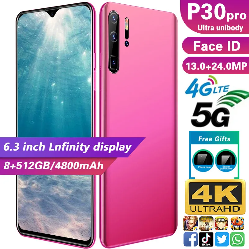 Smartphone P30pro phones MTK6592 6.3inch HD Mobile phone 1440*3040 Unlocked smartphone 8GB+512GB Camera 13MP+24MP