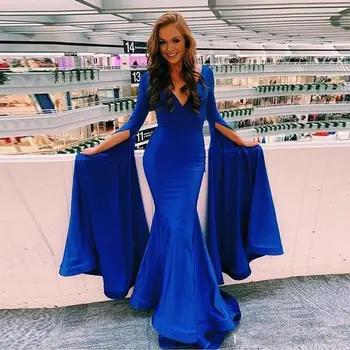 

Dubai Arabic Royal Blue Cheap Mermaid Evening Dresses Long Sleeves V Neck Formal Dress Party Gown Floor Length Evening Gown