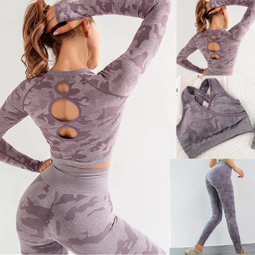 CB1094 purple 3 pcs Бесшовный Камуфляжный спортивный трикотажный комплект для занятий йогой, фитнес-костюм, женский спортивный костюм, комплект для пробежек, тренировок, бега, спортивный бюстгальтер+ леггинсы - Цвет: CB1094 purple 3 pcs