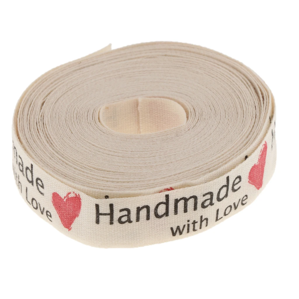 15mm 5 Yards Hand Made with Love Cotton Ribbon Belt Roll Gift Wrap DIY Sewing Accessories