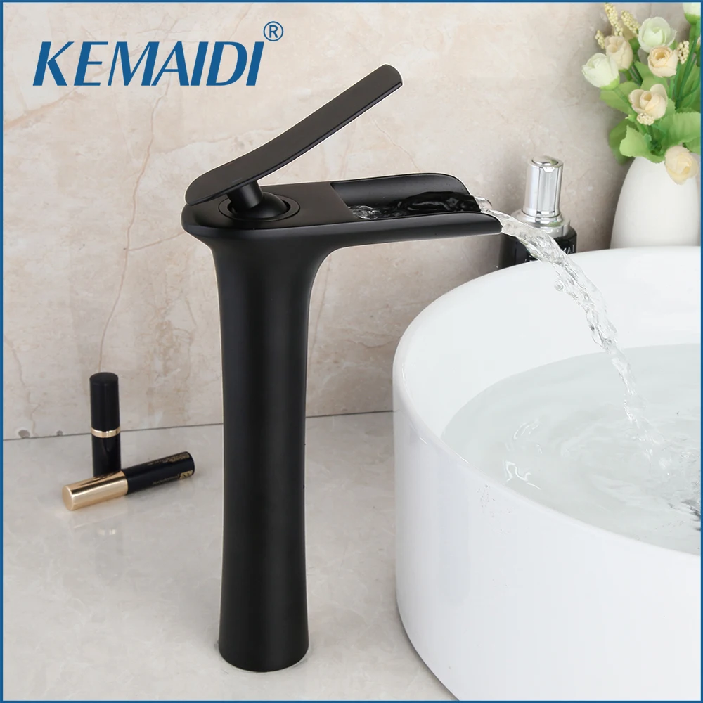 KEMAIDI Matte Black Bathroom Basin Faucet Mounted Vessel Sinks Waterfall Mixer Tap Water | Обустройство дома