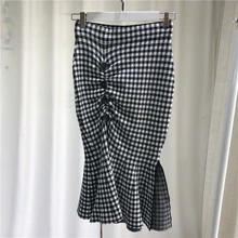 Осень-зима, корейская мода, женские вязаные юбки с высокой талией, элегантная тонкая посылка, до колен, клетчатая юбка S387