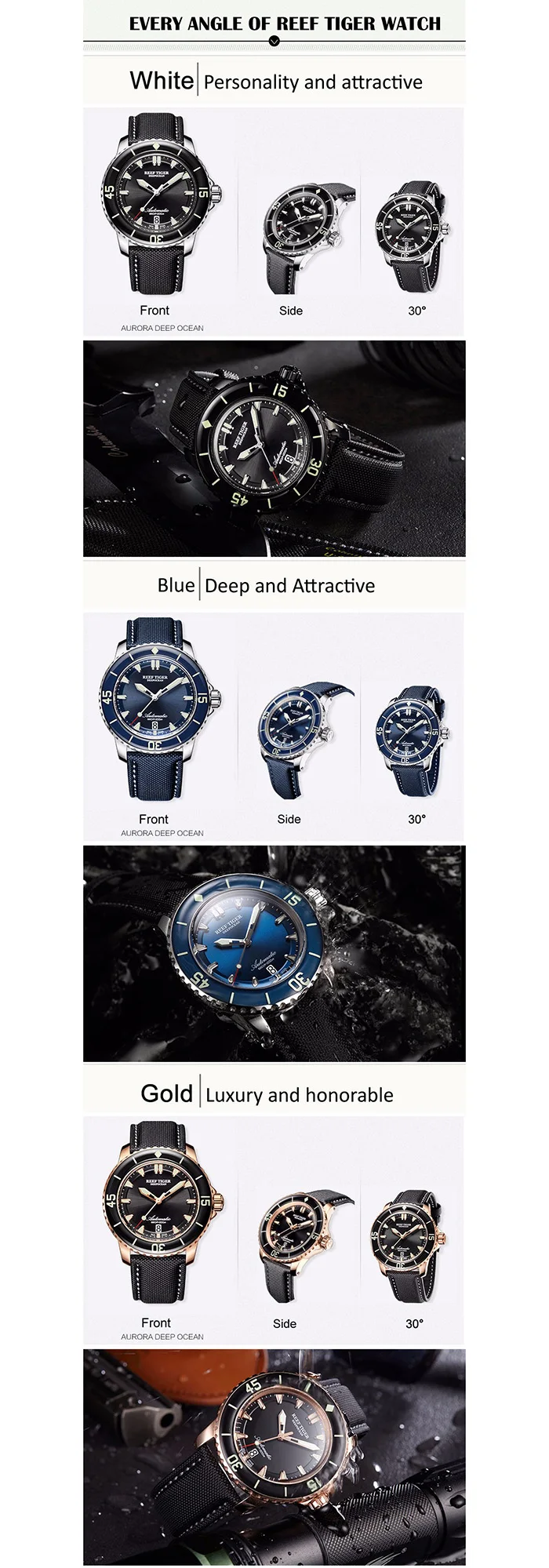 Reef Tiger/RT Top Brand Watch For Men Mechanical Steel Dive Watches Rubber Strap Luminous Waterproof Watch RGA3035