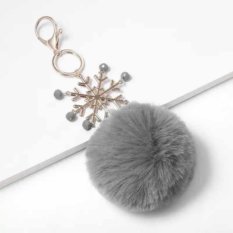 

ZWPON PomPom Christmas Key Chain Women Bag Accessories Decorative Pendant Faux Fur Key Rings Glass Beaded Snowflake Keychain