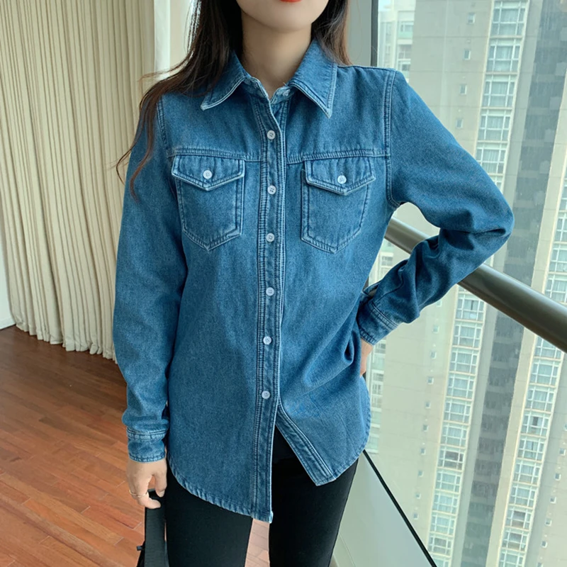 New Casual Denim Long Sleeve Shirts Women Winter Warm Velvet Thicken Tops Femme Loose Plus Size Blouse Long Outwear Jeans Coats 4