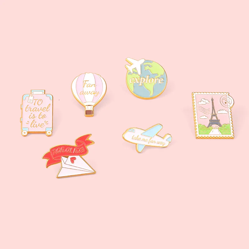

Travel Enamel Pins Airplane Postcard Suitcase World Lapel badge Traveling Quote Brooches Metal Badges Gift for Adventure Lover