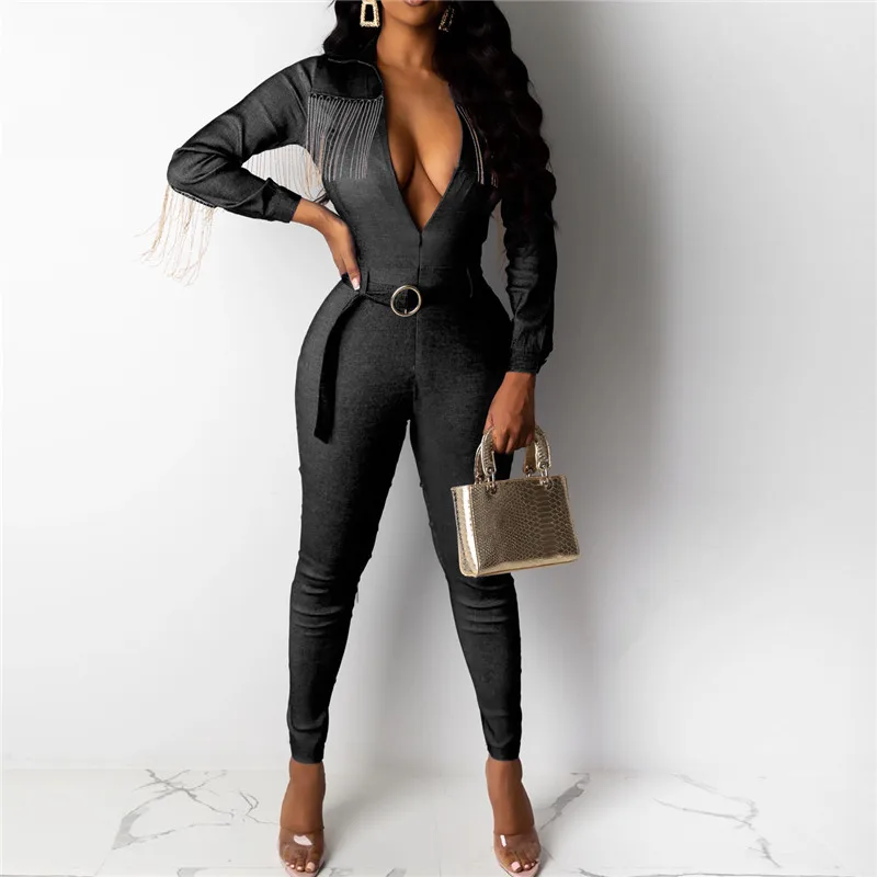 black jumpsuit Однотонный Облегающий комбинезон для женщин с поясом и длинным рукавом, облегающий сексуальный комбинезон с v-образным вырезом, женский комбинезон, сексуальная клубная одежда, наряды - Цвет: black jumpsuit