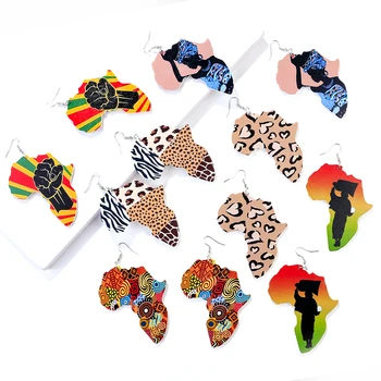 

AENSOA Multiple Vintage Painted Africa Map Shape Wood Round Drop Earrings for Women Ethnic Wooden Statement Dangle Earring Gift
