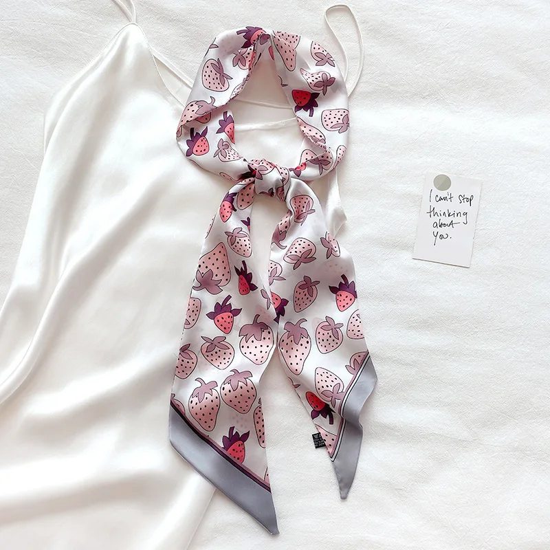 KOI LEAPING aesthetic Strawberry long silk scarf female multi-function decorative scarf headband tie wrist strap bag belt 4