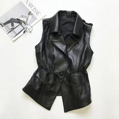 Черный Leather Jacket V-neck De Couro Feminino Promotion Leather Vest Woman Suit Collar Elastic Waist Sleeveless Sheep Female New - Цвет: Черный