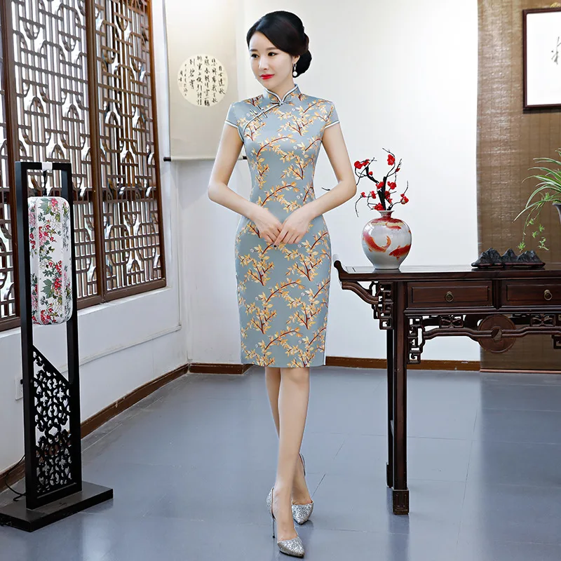 Элегантный женский тонкий Qipao винтажный с цветочным принтом атласный сексуальный традиционный ченсам женское китайское платье Размер M-3XL