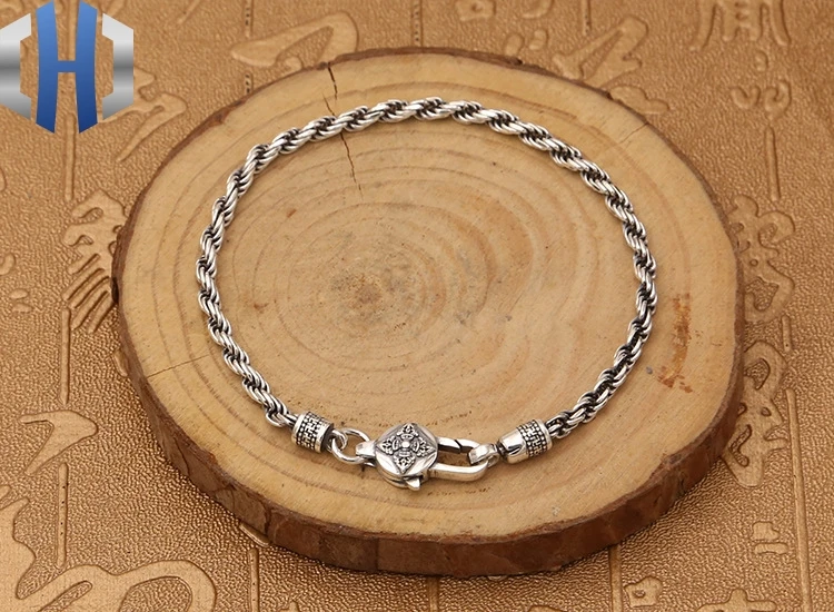 S925 Стерлинговое серебро ювелирные изделия Винтаж пеньковая веревка шесть слов мантра Кинг Конг мужчины и женщины тайский серебряный браслет