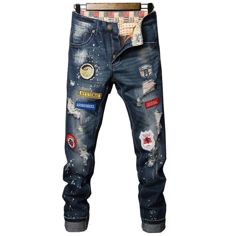 

Men's Fashion Patchwork Ripped Embroidered Stretch Skinny Jeans Men Trendy Holes Patches Design Slim Fit Straight Denim Pants