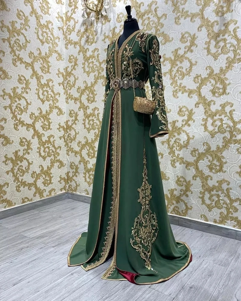 Green Moroccan Kaftan Caftan Muslim Evening Dresses A-line V-neck Long Sleeves Appliques Dubai Arabic Turkey Abaya Islamic Gown ball gown