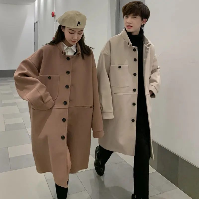 

Korean Style Woolen Coat Men's Fashion Solid Color Casual Long Woolen Coat Men Overcoat Streetwear Loose Couple Woolen Jacket