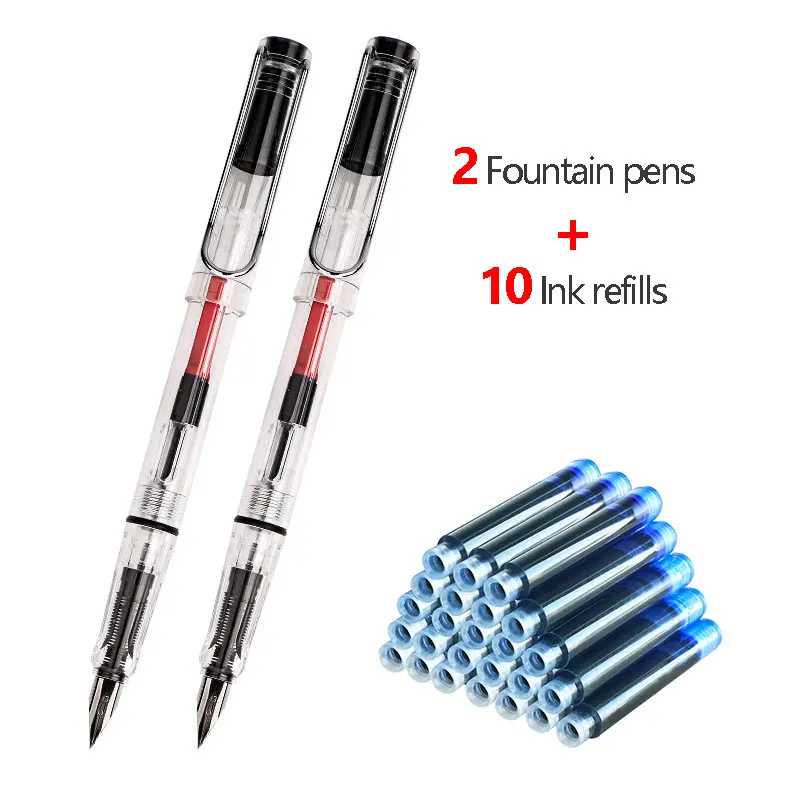 2 Fountain Pens + 10 Refills Set 0.38mm Tip Of Black Blue Red Kawaii Pen School supplies Replaceable Ink Case Stationery | Канцтовары