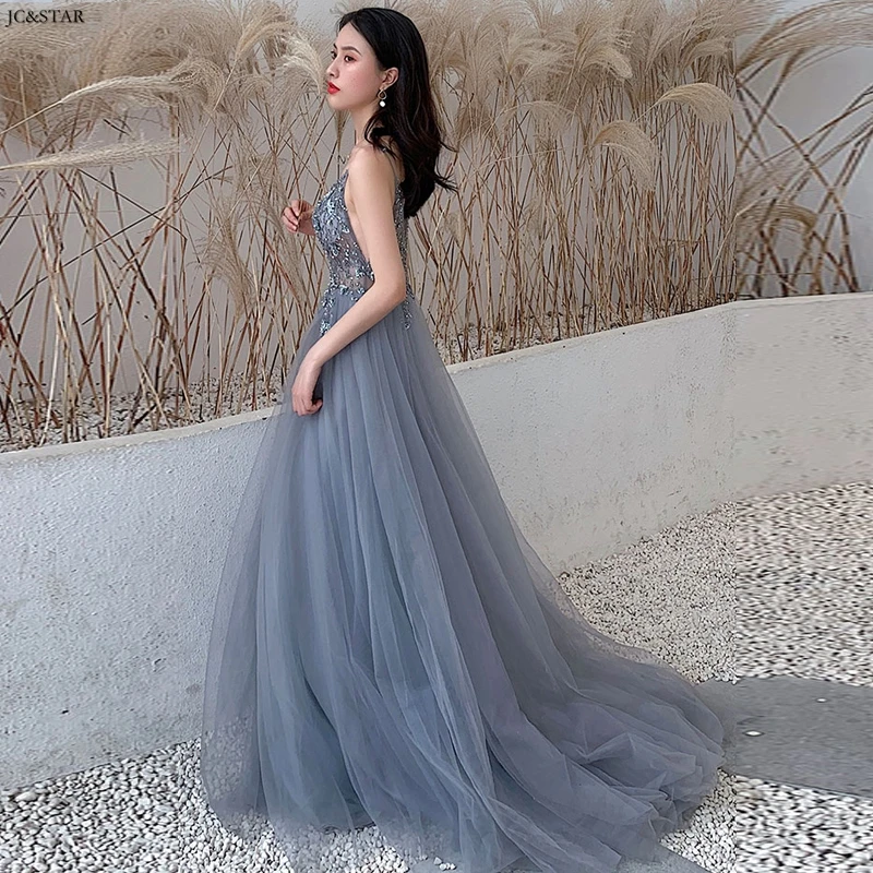 dusty blue Robe demoiseur d'honneur, новинка, тюль, кристалл, сексуальный, v-образный вырез, тонкие лямки, прозрачные, пыльно-голубые, для подружки невесты, платья со шлейфом, для свадьбы - Цвет: dusty blue