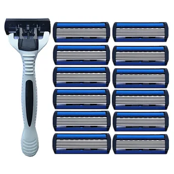 

Traditional Manual Beard Shaver Kit 1pcs Shaver Rack + 12pcs 6-Layer Razor Blade Refills for Men Boys Trimmer Supplies