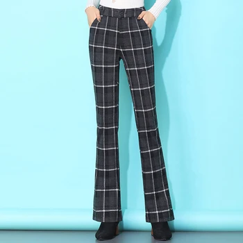

Spring and autumn women clothing new high-waist flared pants woman plus size loose stretch trousers classic plaid straight pants