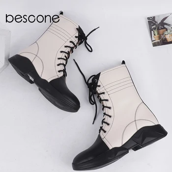 

Bescone Casual Winter Warm Mid-calf Boots Woman Round Toe Patchwork Lace Up Flat Boots Ladies Sewing Easy Walking Boots BC832