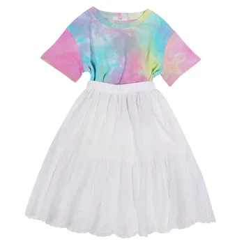 

4 6 8 10 12 14 16 yrs kids & teenager girls summer fashion Tie dye cotton t-shirt +hollow lace skirts 2pcs sets children outfits
