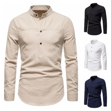 

European version of foreign trade business men's drape micro-elastic long-sleeved stand-up collar linen shirt 2021