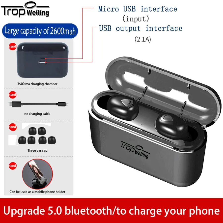 Беспроводные наушники TROP WEILING Mini Dual V5.0, Bluetooth наушники, 3D стерео звук, наушники с двойным микрофоном и зарядным устройством - Цвет: T-X9-Black-B-D2