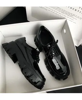 

Lace Up Mocasines Mujer Flat Loafers Zapatos De Dama Black Patent Leather Creepers Platform Shoes Woman Oxford Feminino Sapato