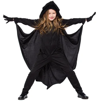 

Liva girl Child Anime Cosplay Cute Bat Costume Kids Halloween Costumes For Girls Black Jumpsuit Connect Wings Cosplay Batman