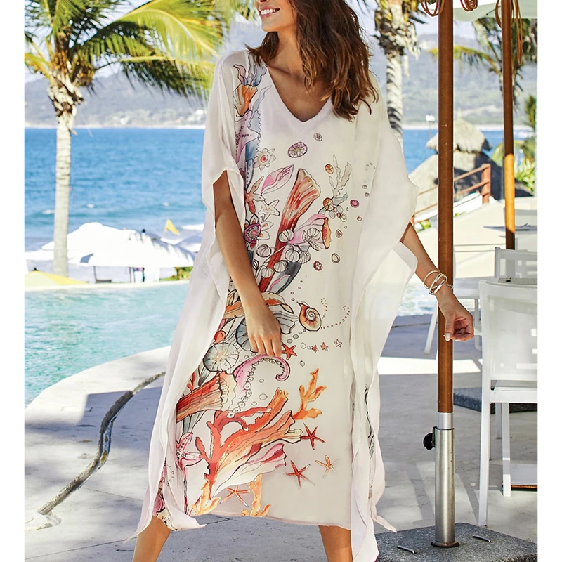 

Cover-ups Plus size Bohemian Long Dress Thin Polyester Bikini Cover up Sundress 2020 Robe Plage Tunic Bathing suit Cover ups