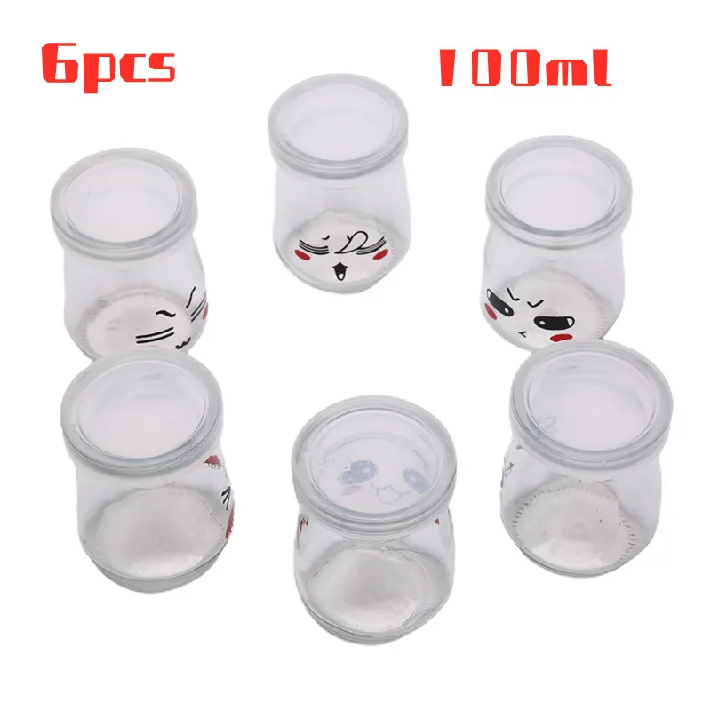 6pcs 100ml Pudding Bottles Cute Face Heat-resistant Glass Jelly Yogurt Jar Containers Посуда Glass Dessert Cups(Random Pattern)