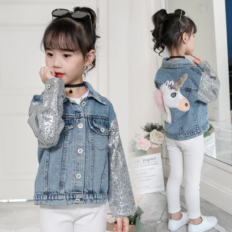 

unicorn denim jacket 3-8 years old Autumn New kids Sequined sleeves Girls Coat Fashion Design unicorn Coat Girls jacket