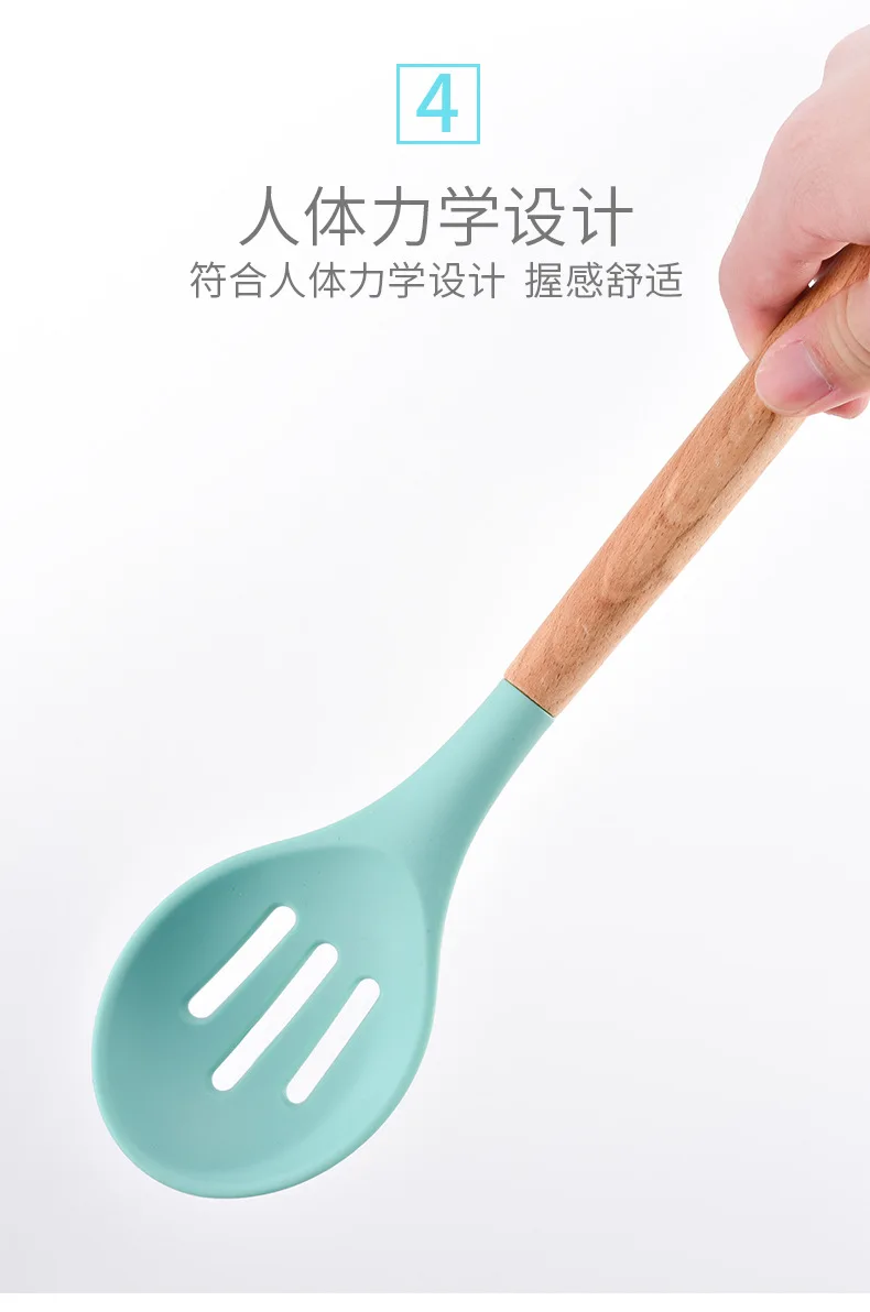 Creative Kitchen Tool Silicone Wood Handle Kitchenware 11 Sets Customizable Silicone Pot Shovel and Spoon Set cooking tools