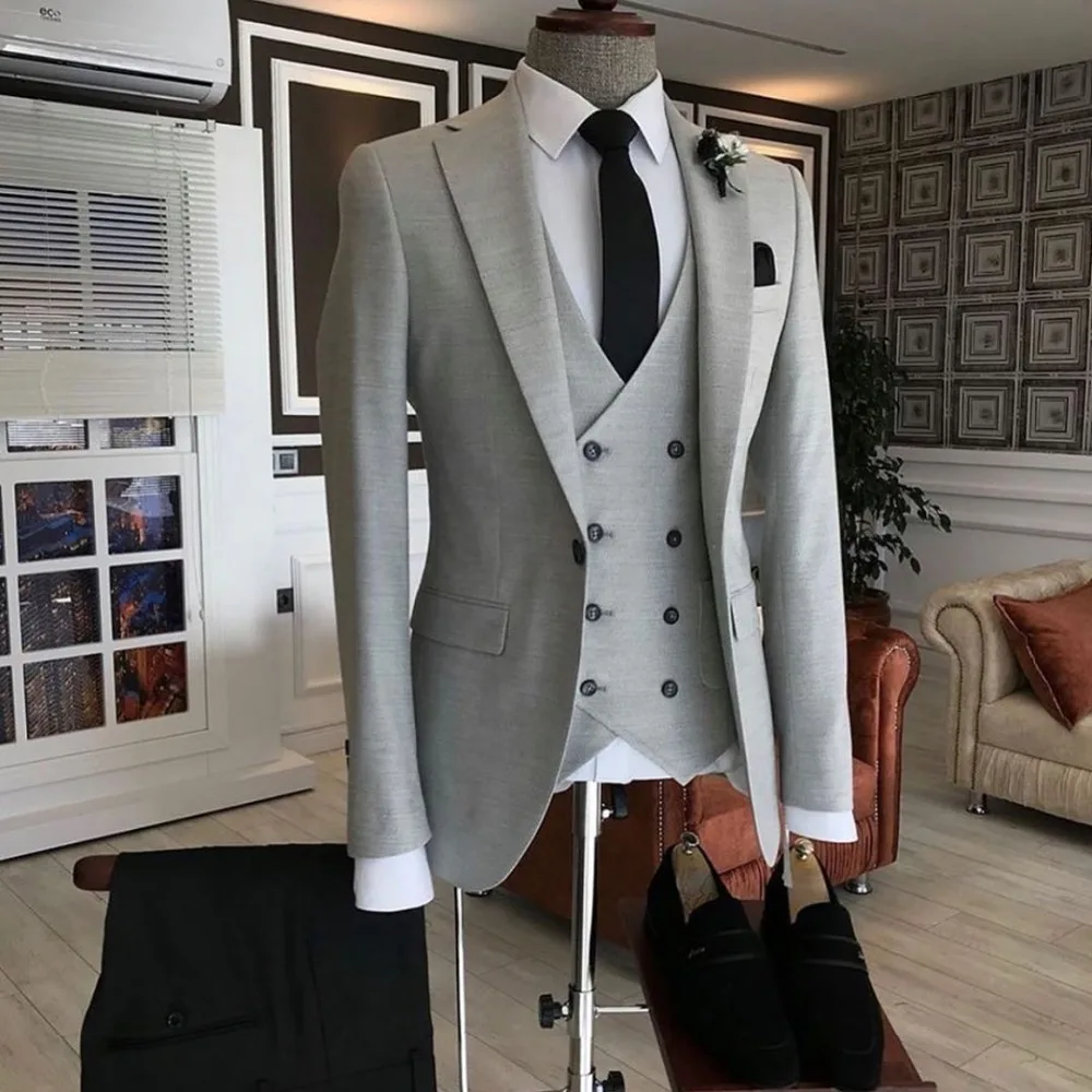 SZMANLIZI 2024 Mens Classic Business Suits Custom Made Light Grey Mens Suits Slim Fit Groom Tuxedos Men's Wedding Suits 3 Piece