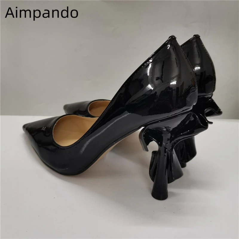 

Black Patent Leather High Heel Shoes Woman Sexy Pointy Toes Shallow Party Shoes Strange Heel Slip-on Pumps Women